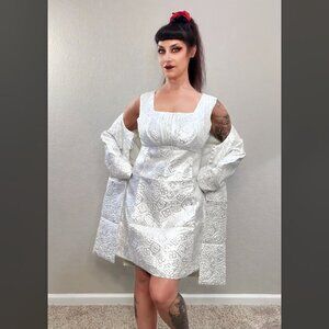 60s Silver & White Lurex 4pc Wedding Mini Walking Dress Suit Purse Gloves Mod M